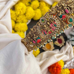 Vriksham Divine Mandapam Style Radha Krishna In Matte Gold Finish Enamel Bridal Hipblet-Green Bead-Pearls-G22218