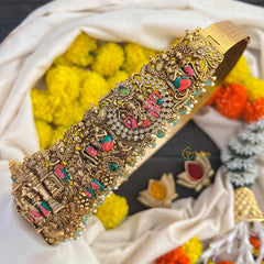 Vriksham Divine Mandapam Style Radha Krishna In Matte Gold Finish Enamel Bridal Hipblet-Green Bead-Pearls-G22218