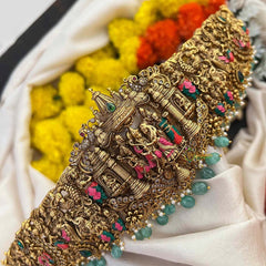 Vriksham Divine Mandapam Style Radha Krishna In Matte Gold Finish Enamel Bridal Hipblet-Green Bead-Pearls-G22218