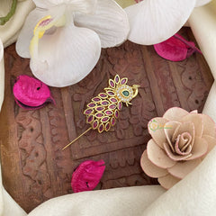 Vriksham AD Stone Peacock With Feather Saree Pin-Saree Brooch-G17327