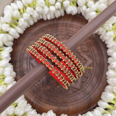 Vriksham Round Shape & Side Two Doted Gold-Toned Crystal Bangles-Red-G20896