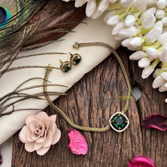 Vriksham Victorian Diamond Square Pendant Neckpiece-Green-VV1976