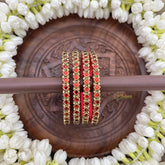 Vriksham Diagonal Shape & Side Two Doted Gold-Toned Crystal Bangles-Red-G20895