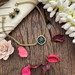 Vriksham Victorian Diamond Square Pendant Neckpiece-Green-VV1976