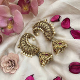 Vriksham Classic Lakshmi Carved Heritage Jhumkas With Ear Cuffs-Red-Pearl-G20190