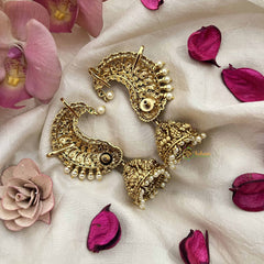 Vriksham Classic Lakshmi Carved Heritage Jhumkas With Ear Cuffs-Red-Pearl-G20190