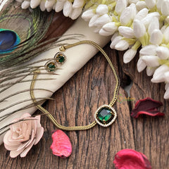 Vriksham Victorian Diamond Square Pendant Neckpiece-Green-VV1976