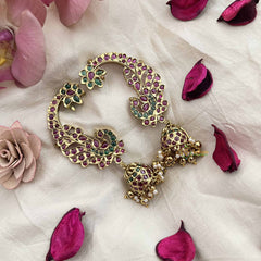 Vriksham Peacock Grace Red & Green Kundan Jhumkas With Ear Cuffs-Gold Bead-Pearl-G20191