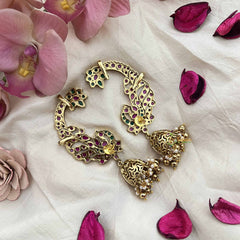 Vriksham Peacock Grace Red & Green Kundan Jhumkas With Ear Cuffs-Gold Bead-Pearl-G20191