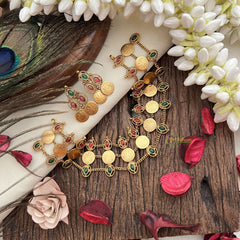 Vriksham Three Layer With Lakshmi Coin Neckpiece-Red Green-G19250