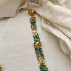 Multilayer Lakshmi Jada Billai Bridal Hair Accessory-Pearl-Pastel Green Beads-G13128