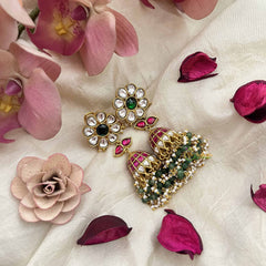 Vriksham Floral Kundan Jadau Meenakari Dome With Green and Pearl Drops Jhumka-J3739