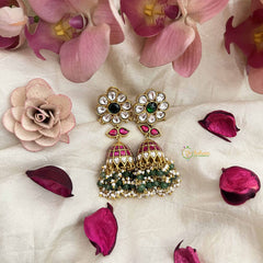 Vriksham Floral Kundan Jadau Meenakari Dome With Green and Pearl Drops Jhumka-J3739