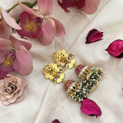 Vriksham Floral Kundan Jadau Meenakari Dome With Green and Pearl Drops Jhumka-J3739
