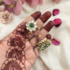 Vriksham Floral Kundan Jadau Meenakari Dome With Green and Pearl Drops Jhumka-J3739
