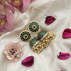 Vriksham Exquisite Jadau Kundan Jhumka-Green-Gold Beads-Pearls-J3738