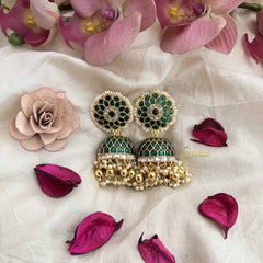 Vriksham Exquisite Jadau Kundan Jhumka-Green-Gold Beads-Pearls-J3738