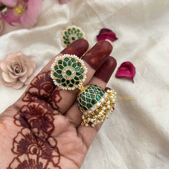 Vriksham Exquisite Jadau Kundan Jhumka-Green-Gold Beads-Pearls-J3738