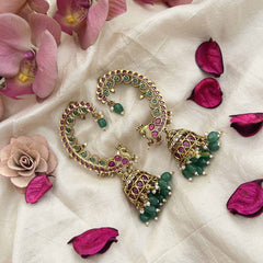 Vriksham Festive Glow Peacock Jhumkas With Ear Cuffs-Green Bead-Pearl-G20192