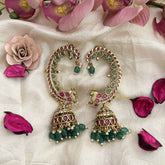 Vriksham Festive Glow Peacock Jhumkas With Ear Cuffs-Green Bead-Pearl-G20192