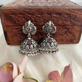 Vriksham Antique Silver Lakshmi Temple Jhumka Earrings-Red Green-S1068