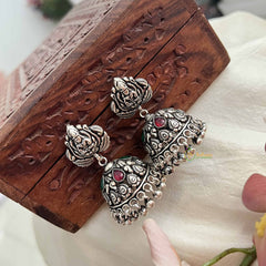 Vriksham Antique Silver Lakshmi Temple Jhumka Earrings-Red Green-S1068