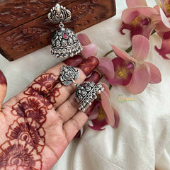 Vriksham Antique Silver Lakshmi Temple Jhumka Earrings-Red Green-S1068