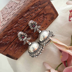 Vriksham Classic Silver Dome With Floral Top & Red Stone Jhumka Earrings-S1071