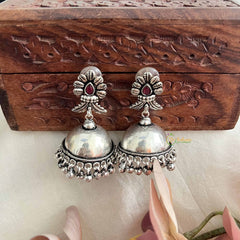 Vriksham Classic Silver Dome With Floral Top & Red Stone Jhumka Earrings-S1071