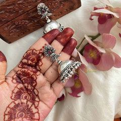 Vriksham Classic Silver Dome With Floral Top & Red Stone Jhumka Earrings-S1071