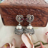 Vriksham Oxidized Silver Peacock With Red Stone Detailing Jhumka Earrings-S1070