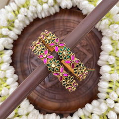 Vriksham Floral Festive Gold-Toned Crystal Bangles-Green & Pink-G20889