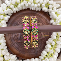 Vriksham Floral Festive Gold-Toned Crystal Bangles-Green & Pink-G20889