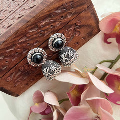 Vriksham Black Stone Oxidized Silver With Floral Studs Jhumkas-S1069