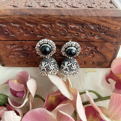 Vriksham Black Stone Oxidized Silver With Floral Studs Jhumkas-S1069