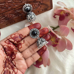 Vriksham Black Stone Oxidized Silver With Floral Studs Jhumkas-S1069