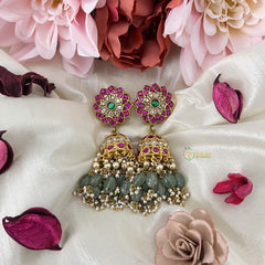 Vriksham Exquisite Floral Kundan Jadau Jhumka-Red Green & White-Pearls-Aqua Green Bead-J3208