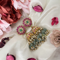 Vriksham Exquisite Floral Kundan Jadau Jhumka-Red Green & White-Pearls-Aqua Green Bead-J3208