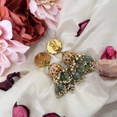 Vriksham Exquisite Floral Kundan Jadau Jhumka-Red Green & White-Pearls-Aqua Green Bead-J3208