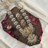 Vriksham Lakshmi with Dual Peacock Pendant Kundan Long Neckpiece-White-Green Beads-G16141