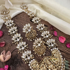 Vriksham Lakshmi with Dual Peacock Pendant Kundan Long Neckpiece-White-Green Beads-G16141