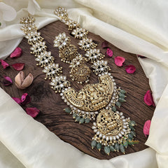 Vriksham Lakshmi with Dual Peacock Pendant Kundan Long Neckpiece-White-Green Beads-G16141