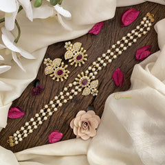 Gold look alike Pearl High Neck Choker-Flower and Leaves-Red-G4032