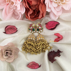 Vriksham Exquisite Peacock Kundan Jadau Jhumka-Red Green & White-Golden Pearls-J3209