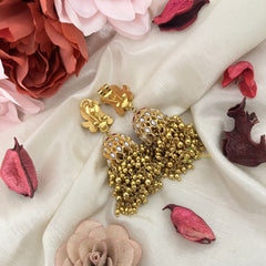 Vriksham Exquisite Peacock Kundan Jadau Jhumka-Red Green & White-Golden Pearls-J3209