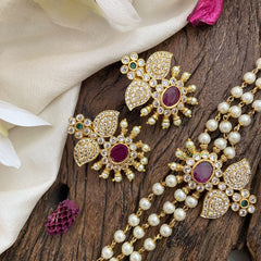 Gold look alike Pearl High Neck Choker-Flower and Leaves-Red-G4032