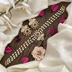 Gold look alike Pearl High Neck Choker-Flower and Leaves-Red-G4032