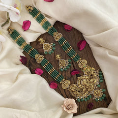 Vriksham Lakshmi With Dual Peacock AD Stone Beaded Mala-Pastel green Bead-G17336