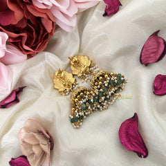 Vriksham Elegant Floral Kundan Jadau Jhumka-Red Green & White-White Gold & Aqua Green Pearls-J3210