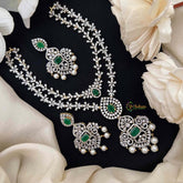 Vriksham Double Layered American Diamond With Pearl-Embellished Pendant Short Neckpiece-Green-G21570